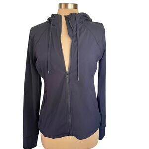 Yogalicious Lux Navy Blue Zip Front Hooded Jacket Size L Zip Pockets Thumb Holes